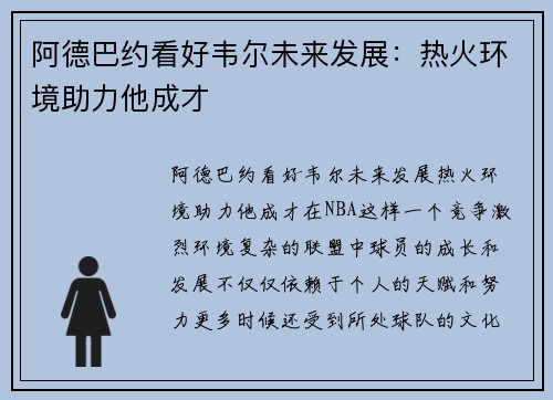 阿德巴约看好韦尔未来发展：热火环境助力他成才