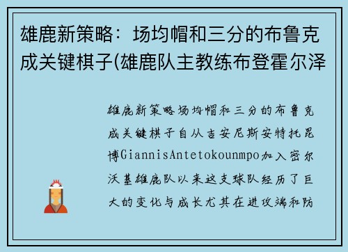 雄鹿新策略：场均帽和三分的布鲁克成关键棋子(雄鹿队主教练布登霍尔泽)