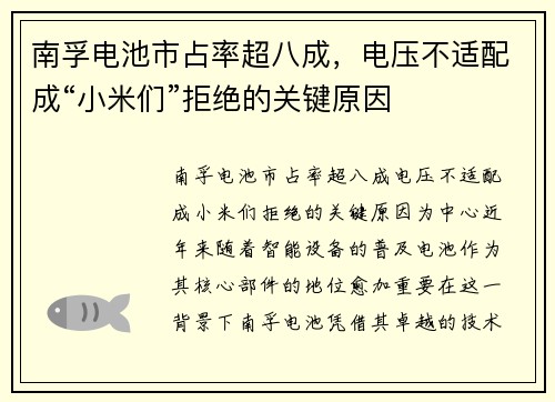 南孚电池市占率超八成，电压不适配成“小米们”拒绝的关键原因