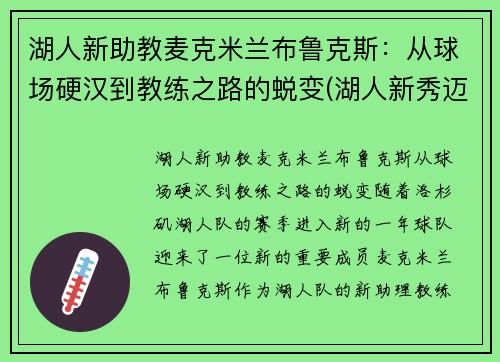 湖人新助教麦克米兰布鲁克斯：从球场硬汉到教练之路的蜕变(湖人新秀迈克朗)