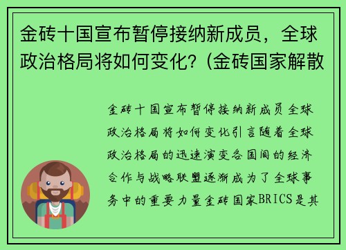 金砖十国宣布暂停接纳新成员，全球政治格局将如何变化？(金砖国家解散了吗)