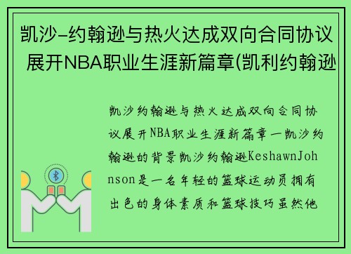凯沙-约翰逊与热火达成双向合同协议 展开NBA职业生涯新篇章(凯利约翰逊)