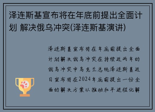 泽连斯基宣布将在年底前提出全面计划 解决俄乌冲突(泽连斯基演讲)